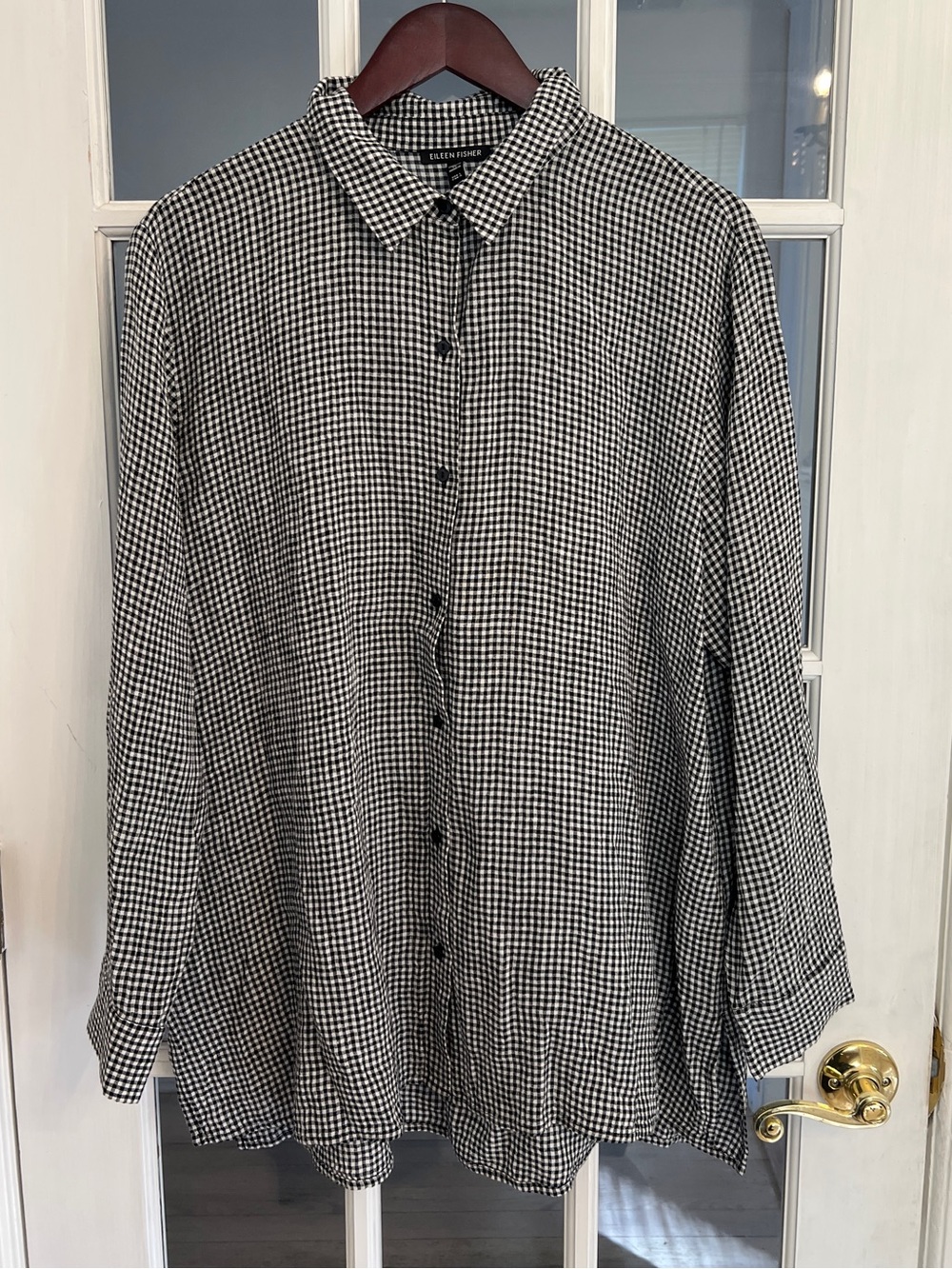 Eileen Fisher Women’s Black White Gingham Organic Linen Button Down Shirt Size L